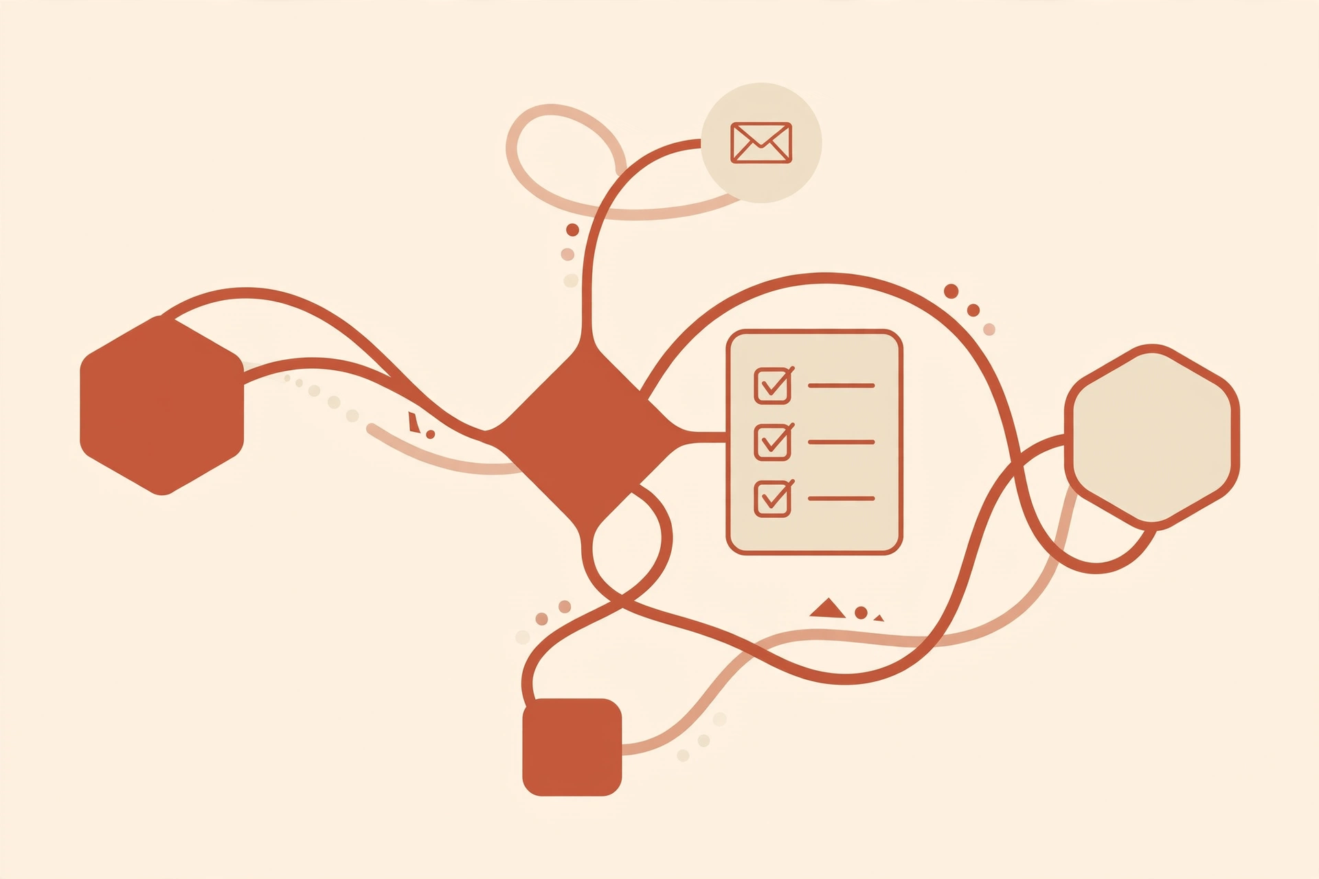 Abstract terracotta illustration of an AI workflow in motion: an inquiry being classified, a draft written, a human approving, and the system retrying a failed send — orchestration, error handling, and monitoring in one flow
