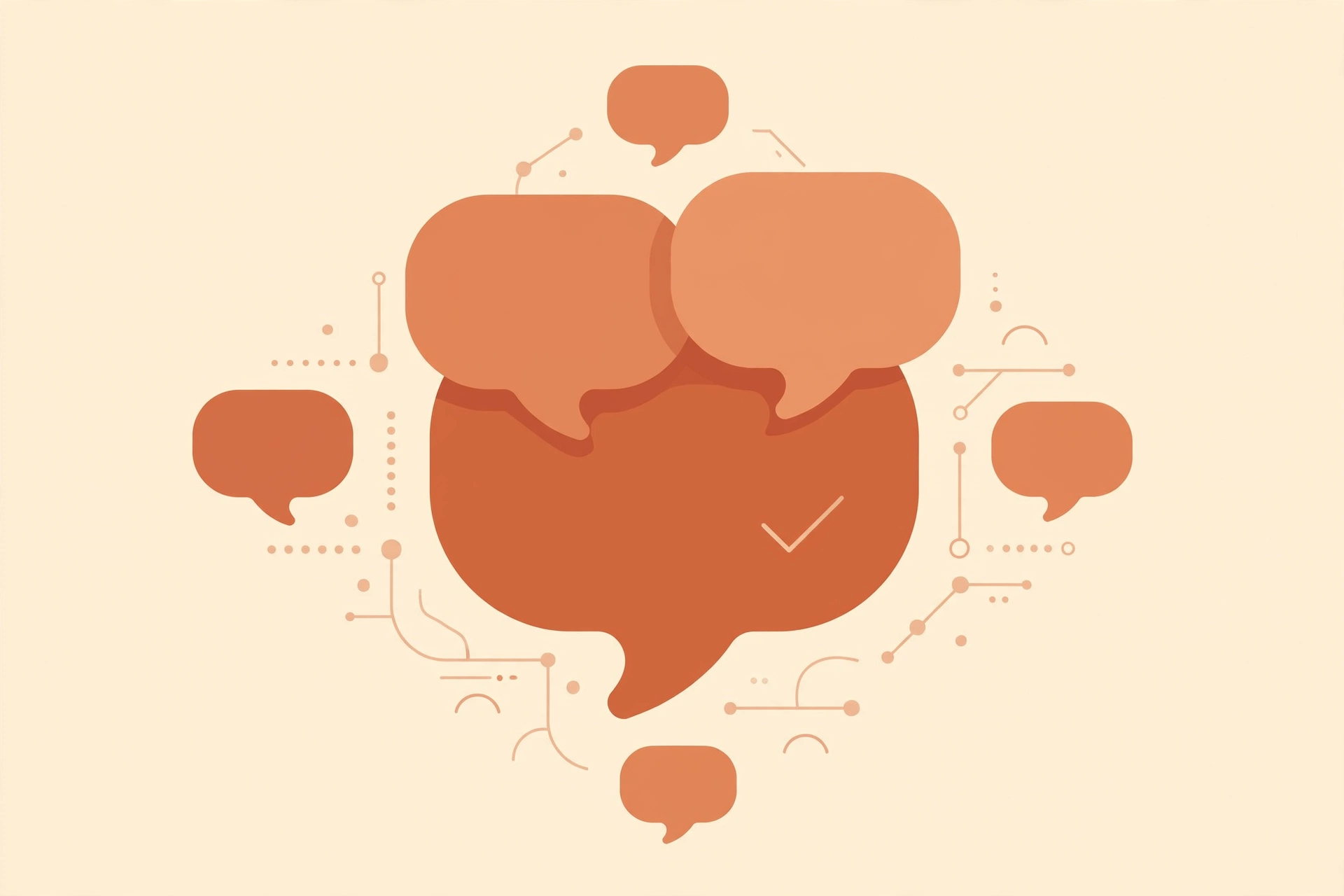 Terracotta line illustration of chat bubbles — the AI chat receptionist greeting every website visitor.