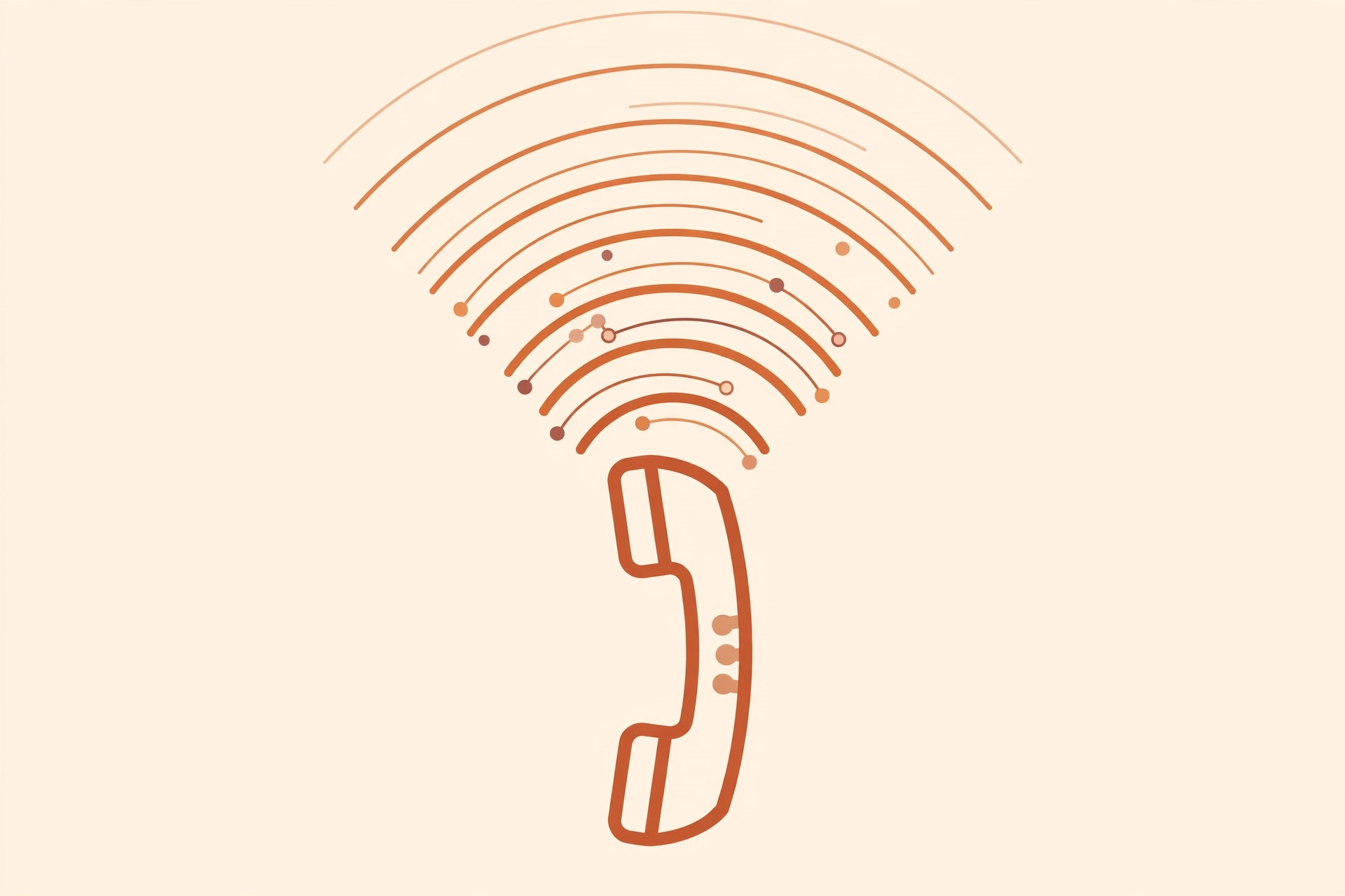 Terracotta line illustration of a phone handset with signal waves — the AI voice receptionist answering every call.