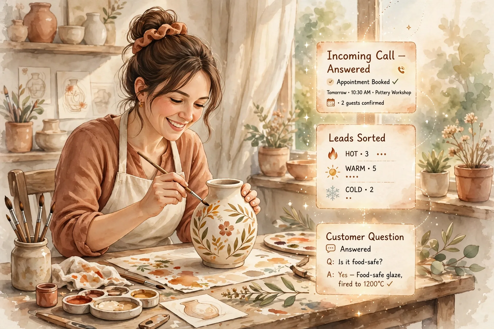 Warm watercolor illustration of a smiling artisan hand-painting a ceramic vase while a glowing AI assistant quietly handles her business in floating cards — an answered call with an appointment booked, leads sorted into hot, warm and cold, and a customer question answered. She does the craft, AI does the admin